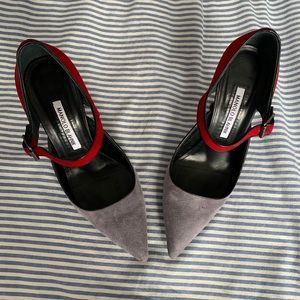 Manolo Blahnik grey and red heels